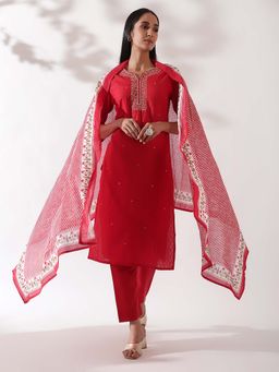 HERITAGE - Women Red Cotton Embroidered Kurta with Pant and Dupatta (Set of 3)