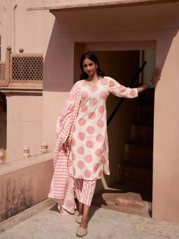 HERITAGE - Women Pink Chanderi Polka Dots Kurta with Pant and Dupatta (Set of 3)