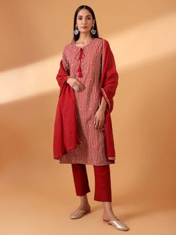 HERITAGE - Women Maroon Cotton Stripes Kurta with Pant and Dupatta (Set of 3)