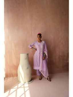 HERITAGE - Women Lavender Cotton Silk Embroidered Kurta with Pant and Dupatta (Set of 3)