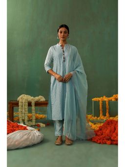 HERITAGE - Women Blue Cotton Silk Embroidered Kurta with Pant and Dupatta (Set of 3)