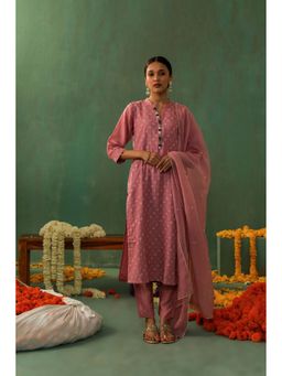 HERITAGE - Women Pink Cotton Silk Embroidered Kurta with Pant and Dupatta (Set of 3)
