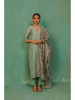HERITAGE - Women Green Chanderi Floral Kurta with Pant and Dupatta (Set of 3)