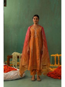 HERITAGE - Women Mustard Chanderi Embellished Kurta with Pant and Dupatta (Set of 3)