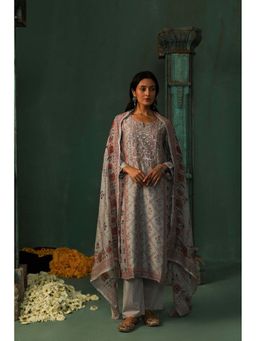 HERITAGE - Women Grey Linen Embroidered Kurta with Pant and Dupatta (Set of 3)
