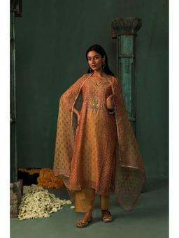 HERITAGE - Women Mustard Linen Embroidered Kurta with Pant and Dupatta (Set of 3)