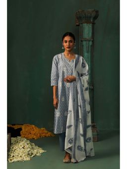 HERITAGE - Women Blue Cotton Embroidered Kurta with Pant and Dupatta (Set of 3)