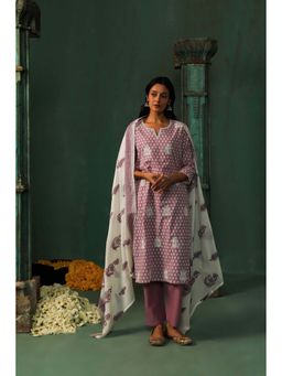 HERITAGE - Women Lavender Cotton Embroidered Kurta with Pant and Dupatta (Set of 3)