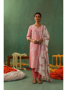 HERITAGE - Women Pink Cotton Embroidered Kurta with Pant and Dupatta (Set of 3)