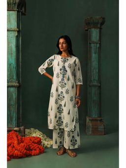 HERITAGE - Women Blue Cotton Embroidered Kurta with Palazzo (Set of 2)