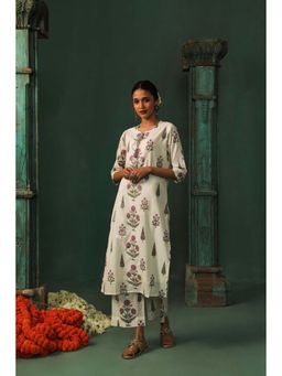 HERITAGE - Women Lavender Cotton Embroidered Kurta with Palazzo (Set of 2)