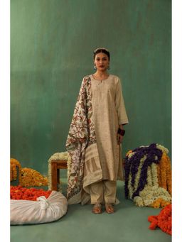 HERITAGE - Women Beige Chanderi Embroidered Kurta with Pant and Dupatta (Set of 3)