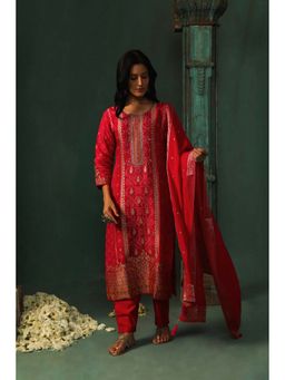 HERITAGE - Women Pink Jacquard Embroidered Kurta with Pant and Dupatta (Set of 3)