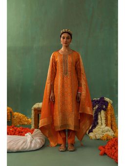 HERITAGE - Women Yellow Jacquard Embroidered Kurta with Pant and Dupatta (Set of 3)