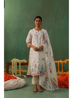HERITAGE - Women Cream Linen Floral Kurta with Pant and Dupatta (Set of 3)