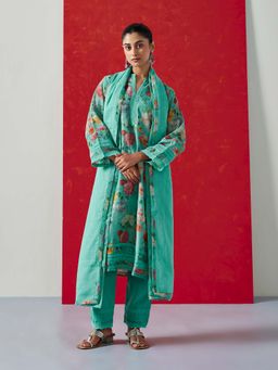 HERITAGE - Women Aqua Chanderi Floral Kurta with Pant and Dupatta (Set of 3)