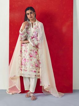 HERITAGE - Women Cream Chanderi Floral Kurta with Pant and Dupatta (Set of 3)