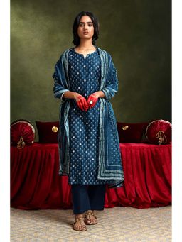 HERITAGE - Women Blue Chanderi Embroidered Kurta with Pant and Dupatta (Set of 3)