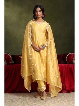 HERITAGE - Women Yellow Chanderi Embroidered Kurta with Pant and Dupatta (Set of 3)