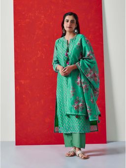 HERITAGE - Women Green Chanderi Floral Kurta with Pant and Dupatta (Set of 3)