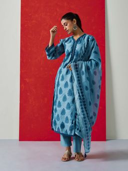 HERITAGE - Women Blue Chanderi Printed Kurta with Pant and Dupatta (Set of 3)