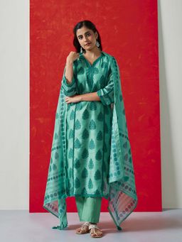 HERITAGE - Women Green Chanderi Printed Kurta with Pant and Dupatta (Set of 3)