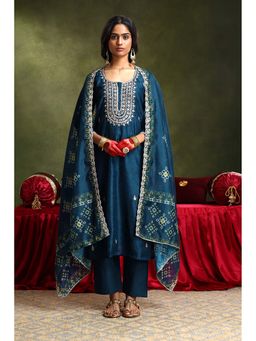 HERITAGE - Women Navy Blue Chanderi Embroidered Kurta with Pant and Dupatta (Set of 3)