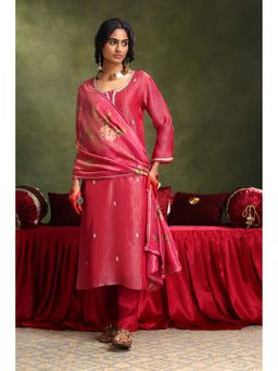 HERITAGE - Women Pink Tissue Embroidered Kurta with Pant and Dupatta (Set of 3)