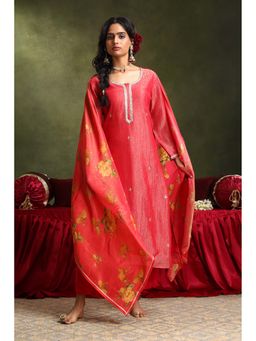 HERITAGE - Women Red Tissue Embroidered Kurta with Pant and Dupatta (Set of 3)