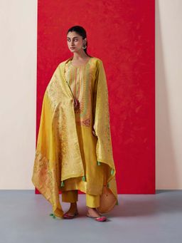 HERITAGE - Women Mustard Jacquard Embroidered Kurta with Pant and Dupatta (Set of 3)