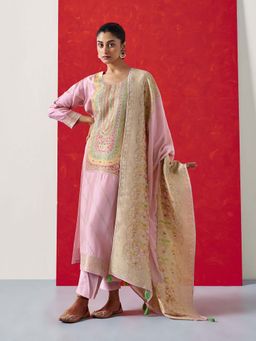 HERITAGE - Women Pink Jacquard Embroidered Kurta with Pant and Dupatta (Set of 3)