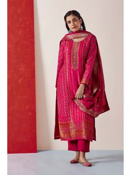 HERITAGE - Women Pink Jacquard Embroidered Kurta with Pant and Dupatta (Set of 3)
