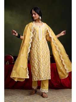HERITAGE - Women Yellow Chanderi Embroidered Kurta with Pant and Dupatta (Set of 3)