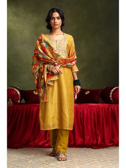 HERITAGE - Women Mustard Chanderi Embroidered Kurta with Pant and Dupatta (Set of 3)