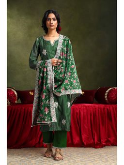 HERITAGE - Women Green Chanderi Floral Kurta with Pant and Dupatta (Set of 3)