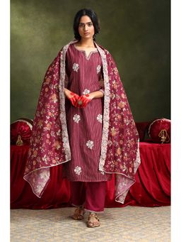 HERITAGE - Women Wine Chanderi Floral Kurta with Pant and Dupatta (Set of 3)