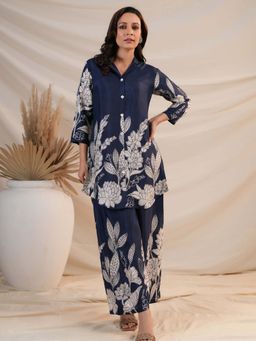 KAFTANIZE - Women Blue Silk Floral Co-Ord (Set of 2)