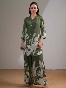 KAFTANIZE - Women Green Silk Floral Co-Ord (Set of 2)