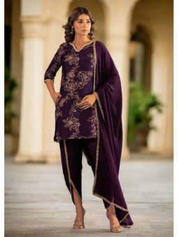 Kasya - Women Purple Muslin Printed Kurta with Dhoti and Dupatta (Set of 3)