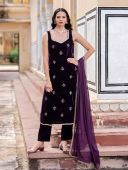 Kasya - Women Wine Velvet Embroidered Kurta with Pant and Dupatta (Set of 3)