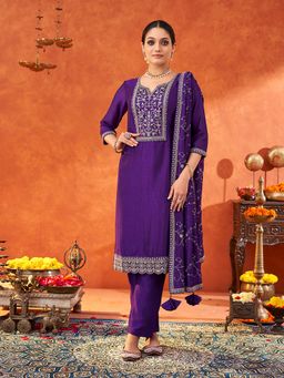 Shaily - Women Purple Silk Blend Embellished Kurta with Pant and Dupatta (Set of 3)