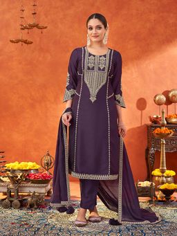 Shaily - Women Purple Silk Blend Embroidered Kurta with Pant and Dupatta (Set of 3)