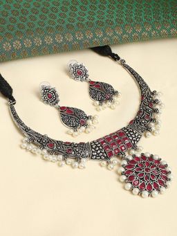 OOMPH - Oxidised Silver Look Alike Maroon Stones & Pearls Ethnic Choker Necklace Set