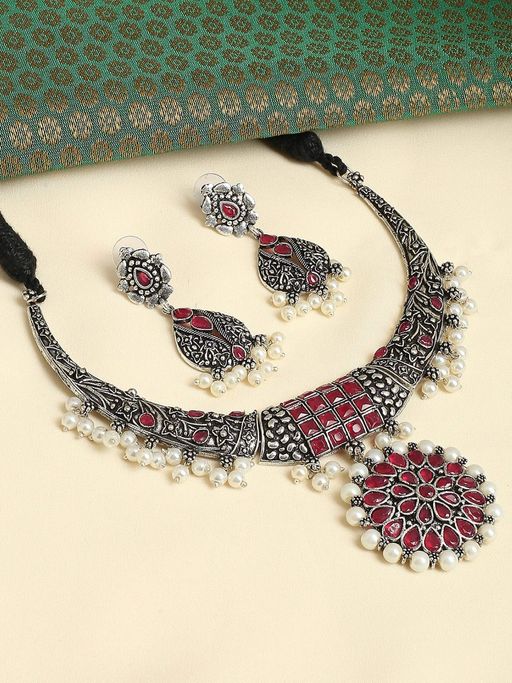 OOMPH Oxidised Silver Look Alike Maroon Stones & Pearls Ethnic Choker Necklace Set