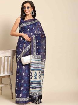 Silk Land - Womens Pure Cotton Navy Blue Block Print Saree with Unstitched Blouse