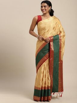 Mimosa - Women's Kanjivaram Art Silk Beige Saree with Unstitched Blouse