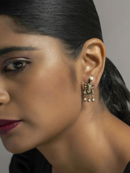 Divas Mantra - 92.5 Silver Oxidised Pillaiyar (Ganesha Motif) Earrings with Pearls
