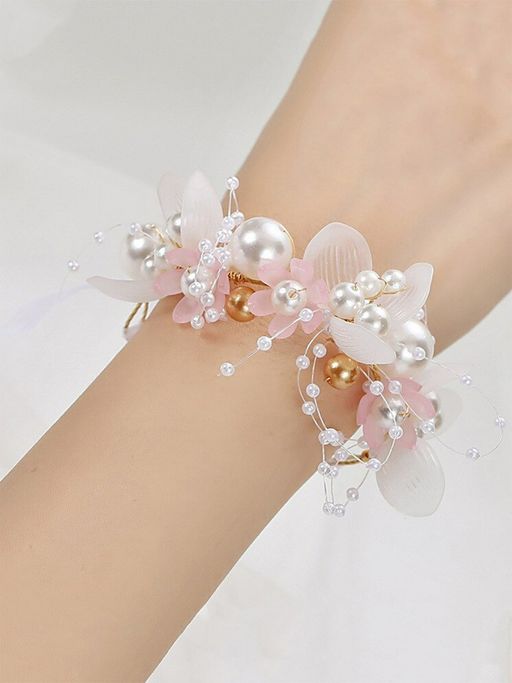 Yellow Chimes Pink and White Pearl Beaded Floral Fabric Wraparound Bracelet