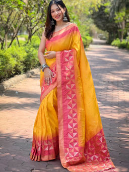 Suha - Women Fashion Ethnic Kanjeevaram Yellow Saree with Unstitched Blouse