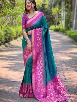 Suha - Women Fashion Ethnic Kanjeevaram Green Saree with Unstitched Blouse